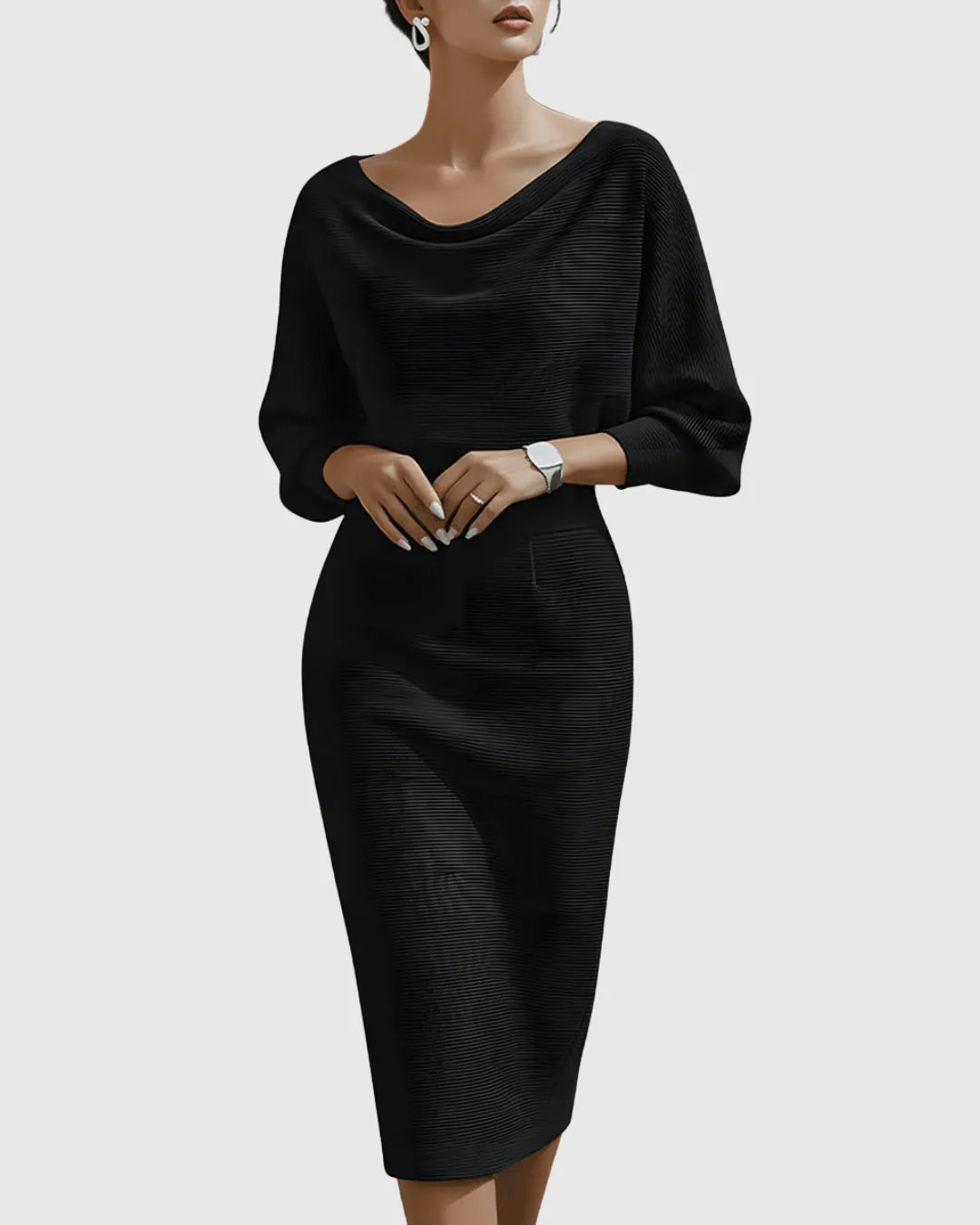 Women's Elegant Navy Bodycon Midi Wedding Guest Dress with Boat Neck