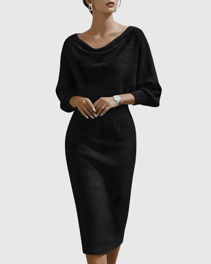 Women's Elegant Navy Bodycon Midi Wedding Guest Dress with Boat Neck