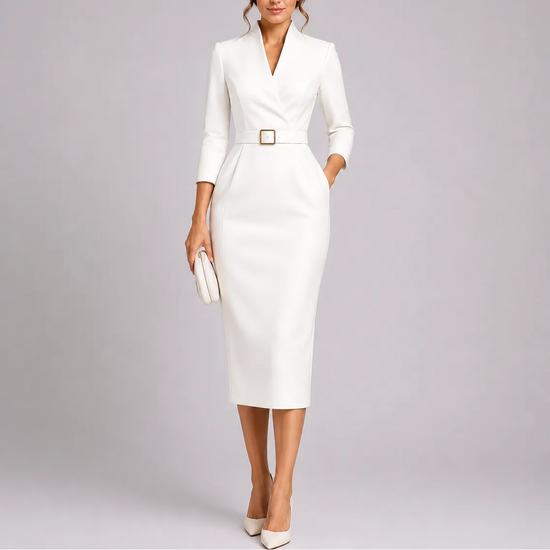 Women's Elegant Bodycon Midi Wedding Guest Dress with Mandarin Collar and V-Neck