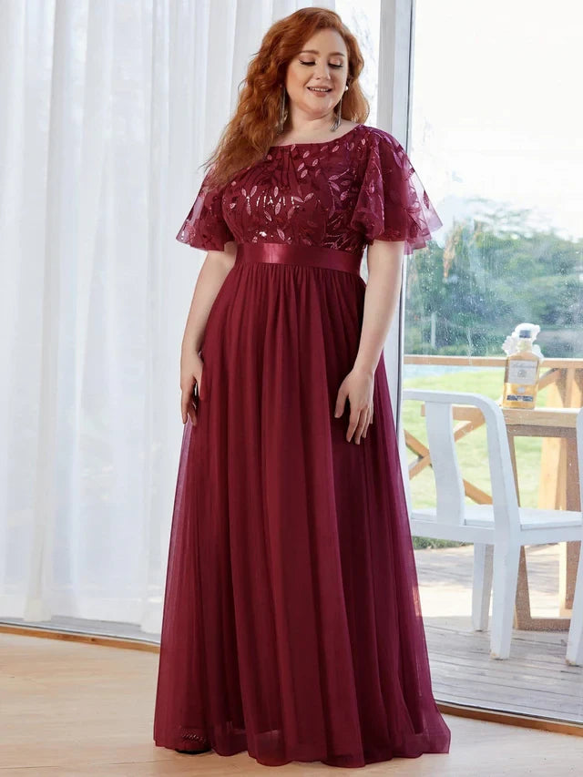 Women's Plus Size Elegant Embroidered Maxi Wedding Guest Dresses with Flutter Sleeve