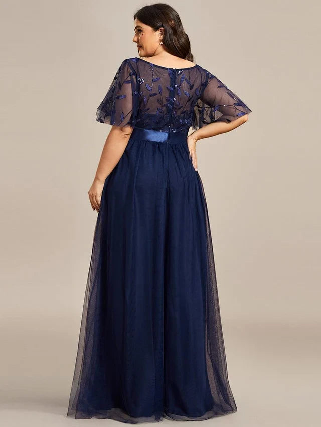 Women's Plus Size Elegant Embroidered Maxi Wedding Guest Dresses with Flutter Sleeve