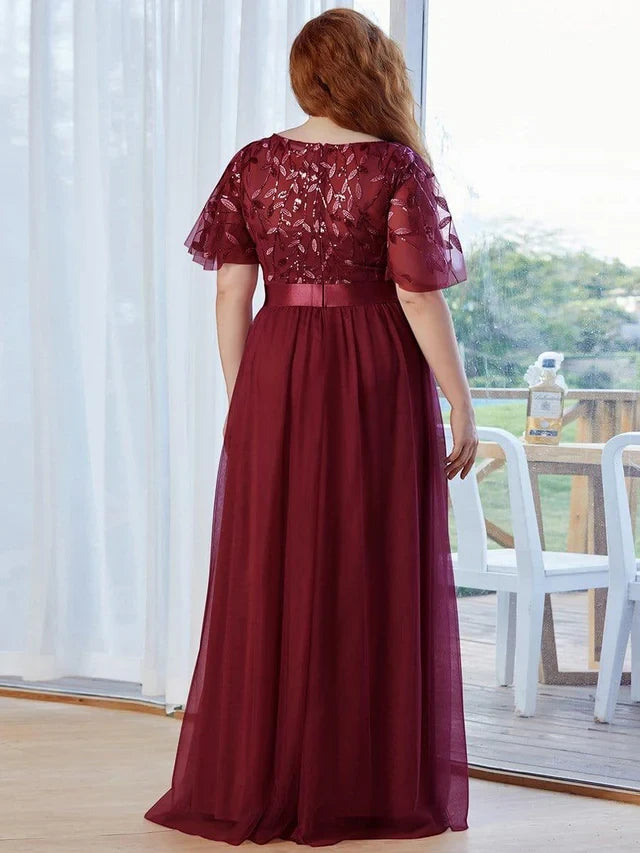 Women's Plus Size Elegant Embroidered Maxi Wedding Guest Dresses with Flutter Sleeve