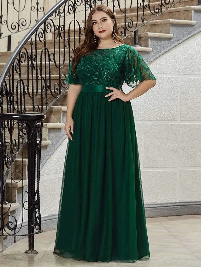 Women's Plus Size Elegant Embroidered Maxi Wedding Guest Dresses with Flutter Sleeve