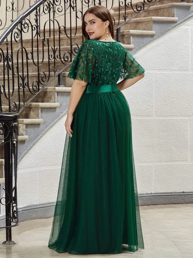 Women's Plus Size Elegant Embroidered Maxi Wedding Guest Dresses with Flutter Sleeve