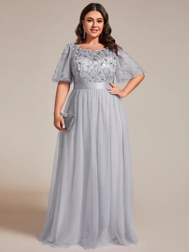 Women's Plus Size Elegant Embroidered Maxi Wedding Guest Dresses with Flutter Sleeve