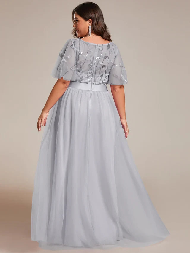 Women's Plus Size Elegant Embroidered Maxi Wedding Guest Dresses with Flutter Sleeve