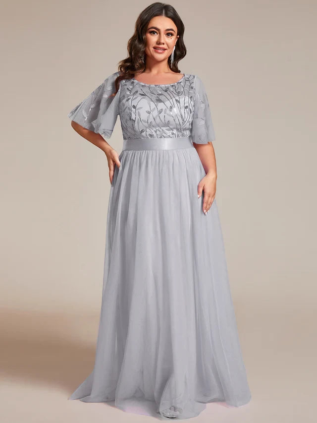 Women's Plus Size Elegant Embroidered Maxi Wedding Guest Dresses with Flutter Sleeve