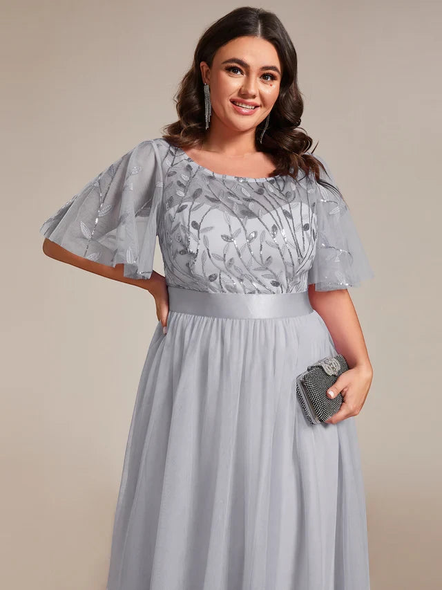 Women's Plus Size Elegant Embroidered Maxi Wedding Guest Dresses with Flutter Sleeve