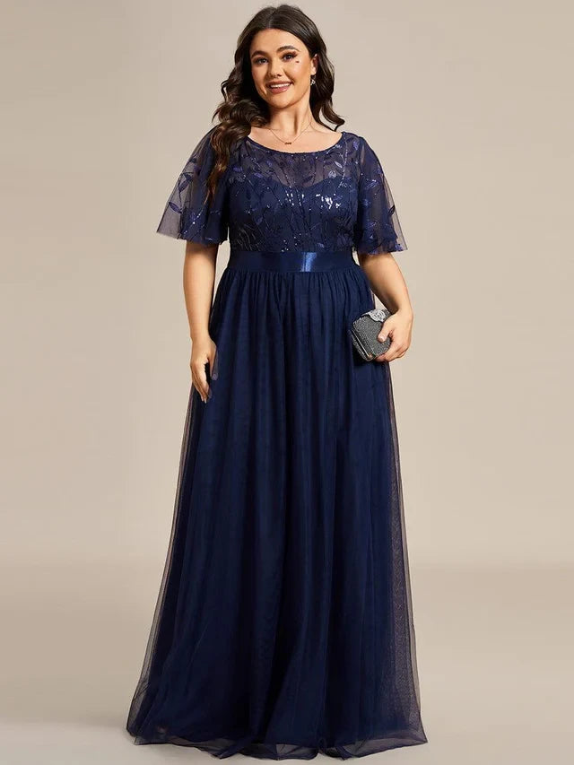 Women's Plus Size Elegant Embroidered Maxi Wedding Guest Dresses with Flutter Sleeve