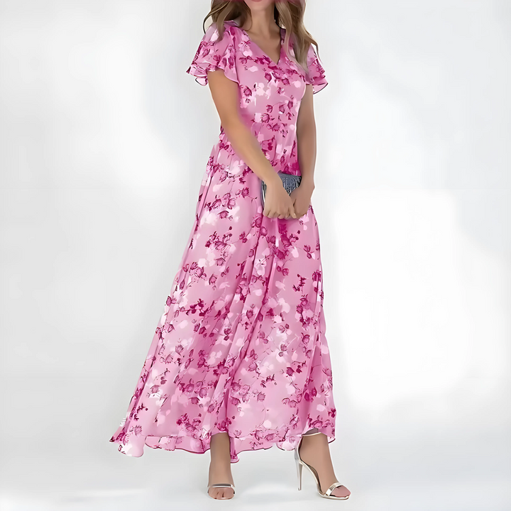 Women's Elegant Floral Maxi Wedding Guest Dress with Flutter Sleeve