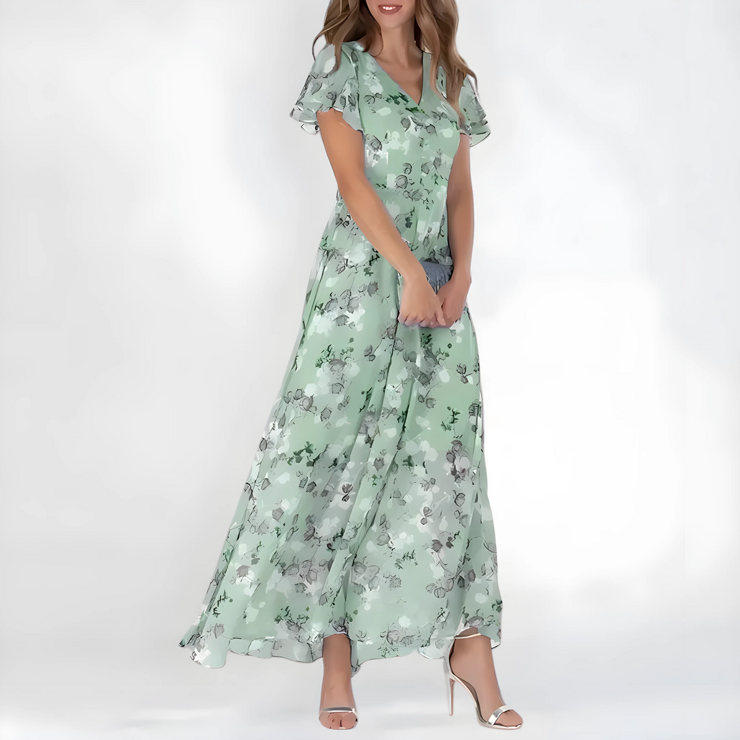 Women's Elegant Floral Maxi Wedding Guest Dress with Flutter Sleeve