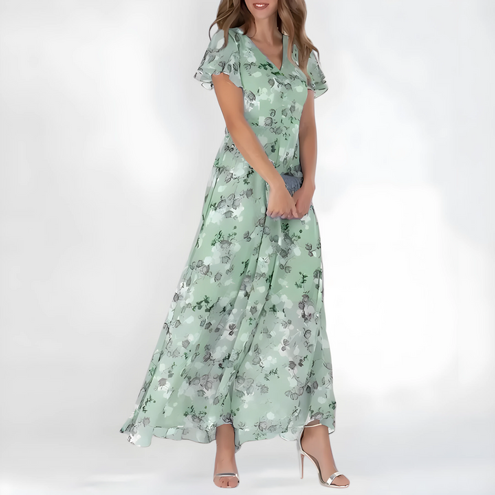 Women's Elegant Floral Maxi Wedding Guest Dress with Flutter Sleeve