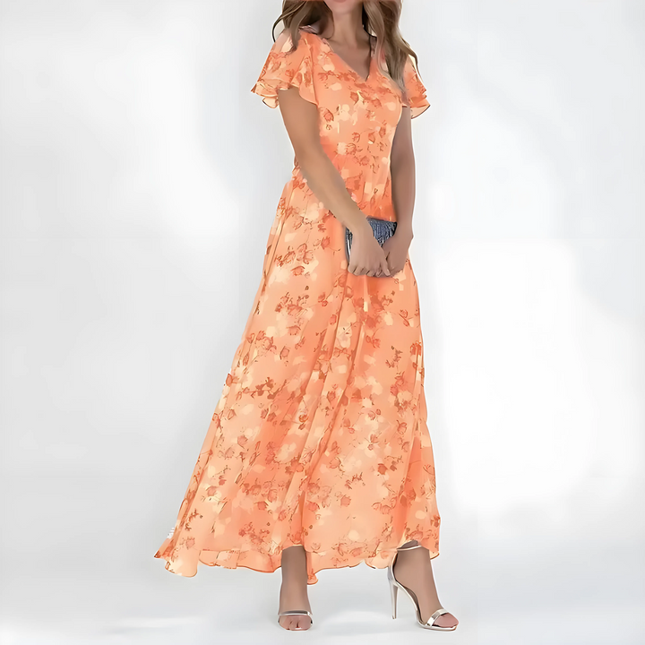 Women's Elegant Floral Maxi Wedding Guest Dress with Flutter Sleeve