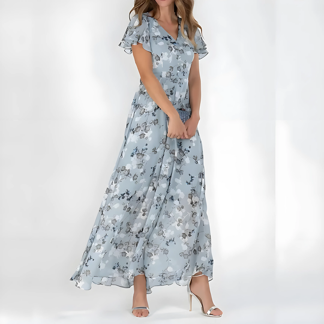 Women's Elegant Floral Maxi Wedding Guest Dress with Flutter Sleeve
