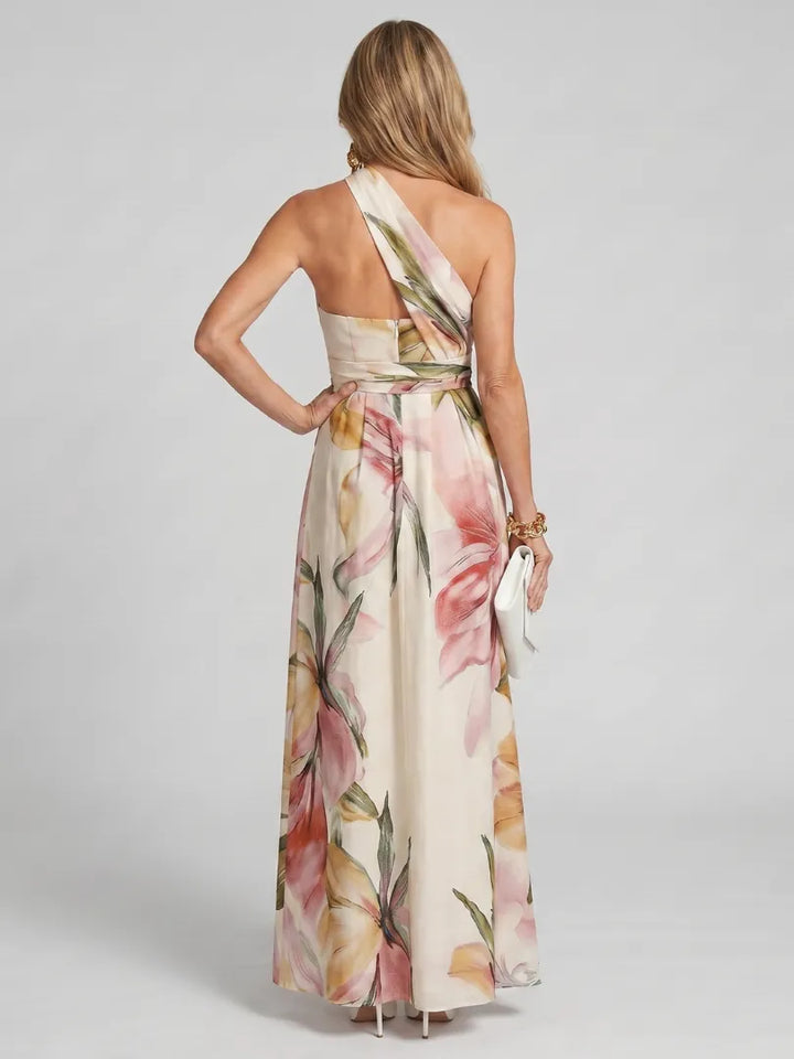 Women's Elegant Floral Maxi Wedding Guest Dress with Halter Neck Neckline