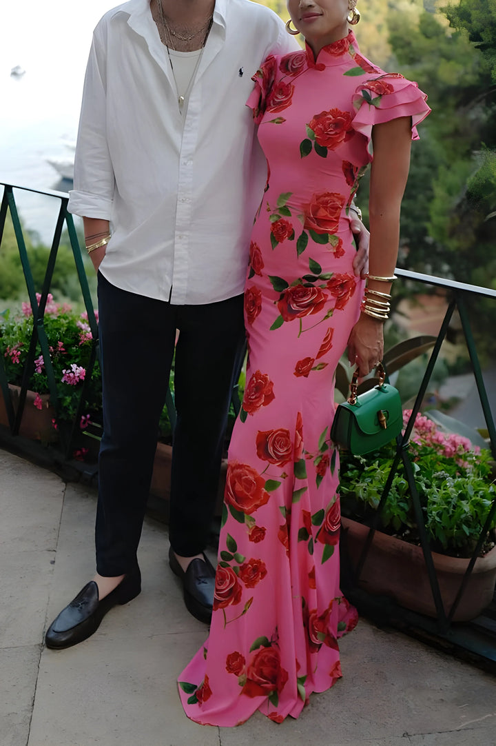 Women's Elegant Floral Maxi Wedding Guest Dress with High Neck