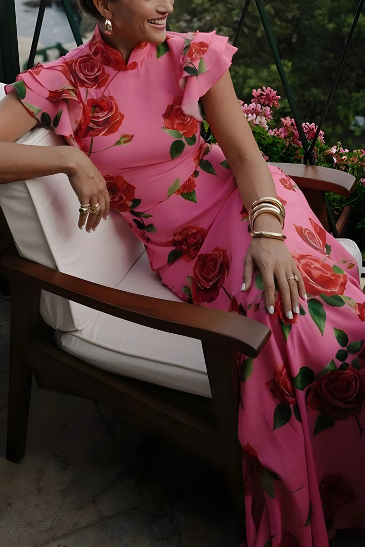 Women's Elegant Floral Maxi Wedding Guest Dress with High Neck