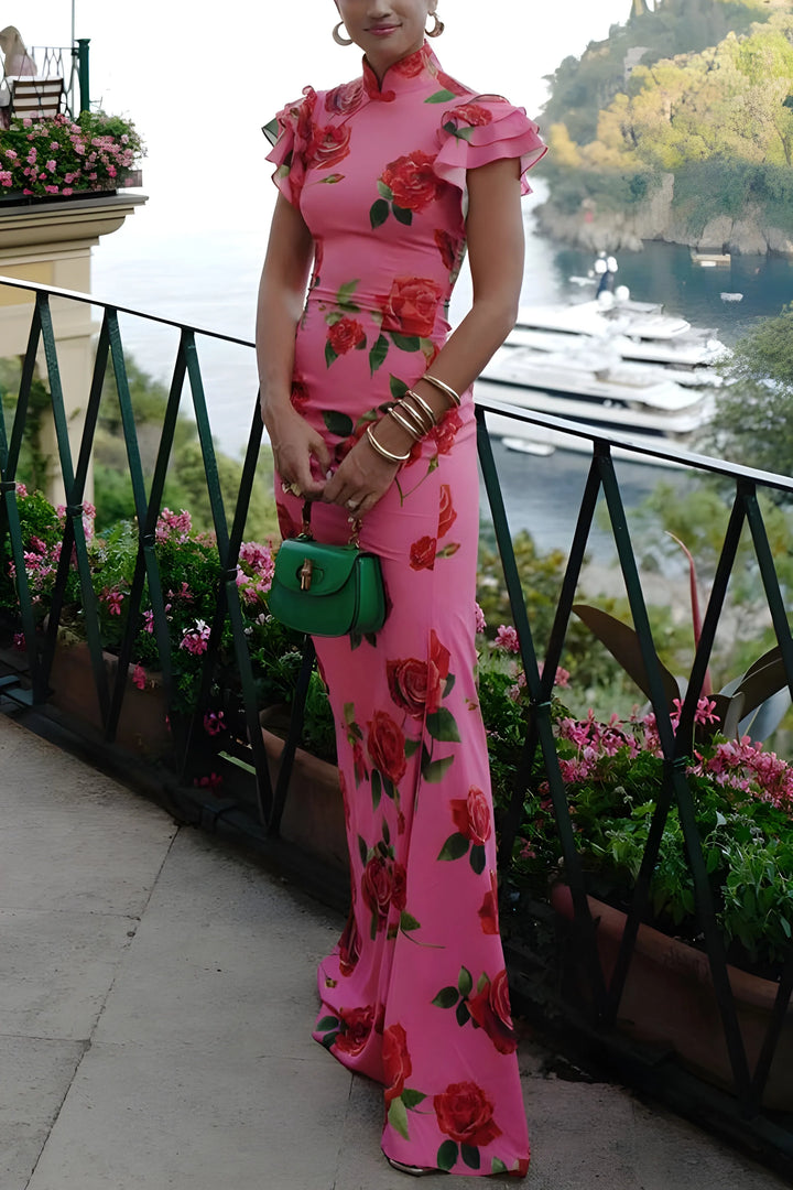 Women's Elegant Floral Maxi Wedding Guest Dress with High Neck