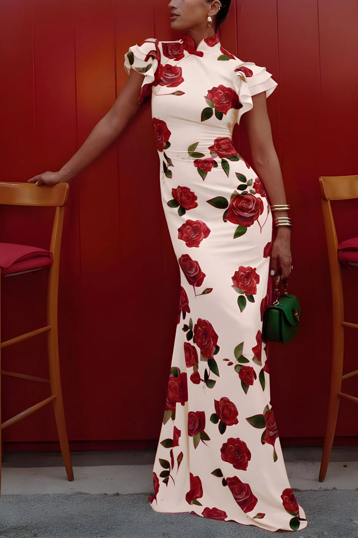 Women's Elegant Floral Maxi Wedding Guest Dress with High Neck