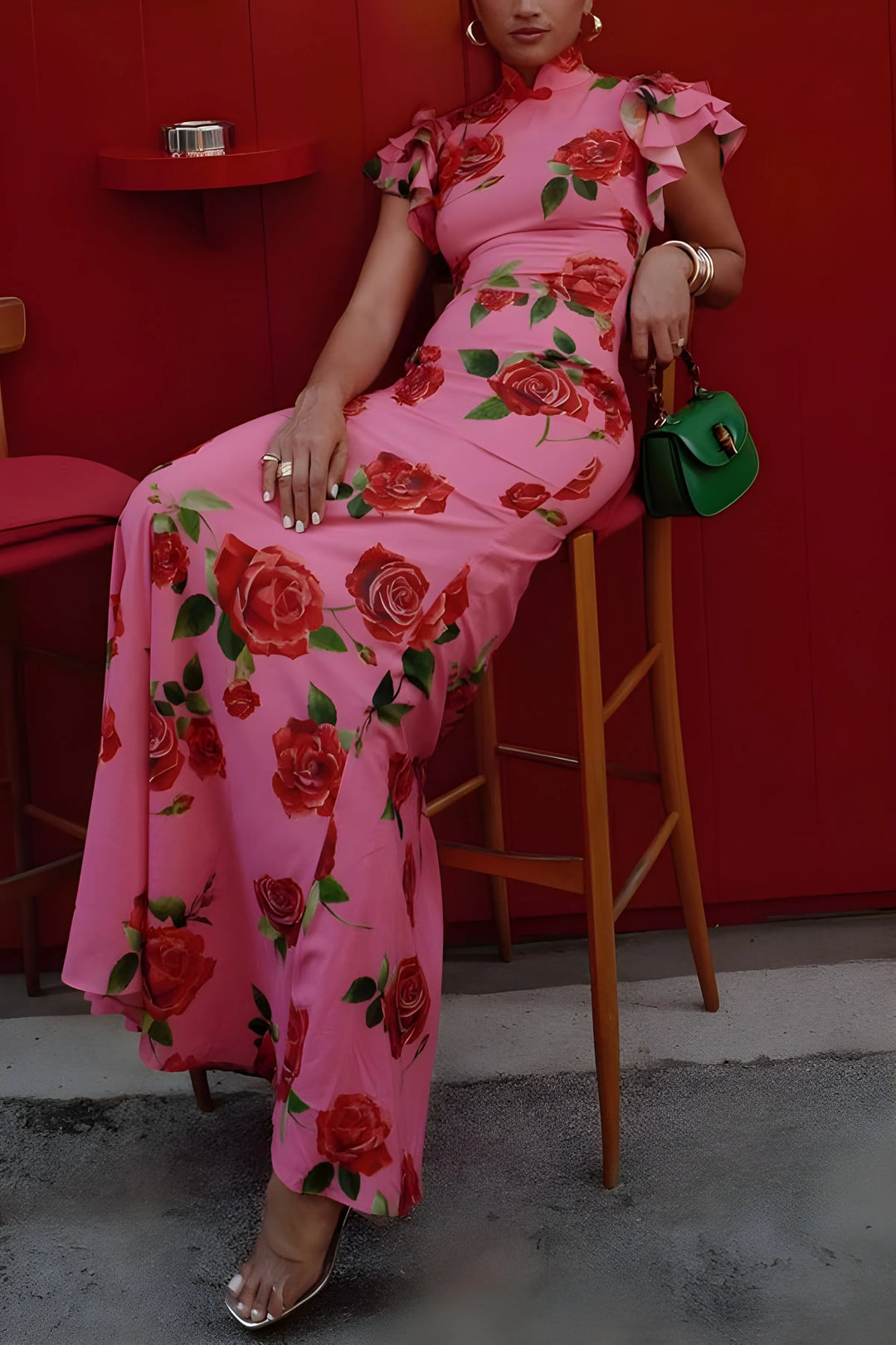 Women's Elegant Floral Maxi Wedding Guest Dress with High Neck