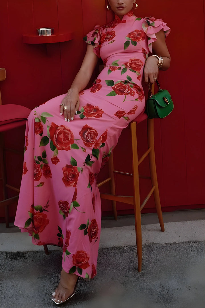 Women's Elegant Floral Maxi Wedding Guest Dress with High Neck