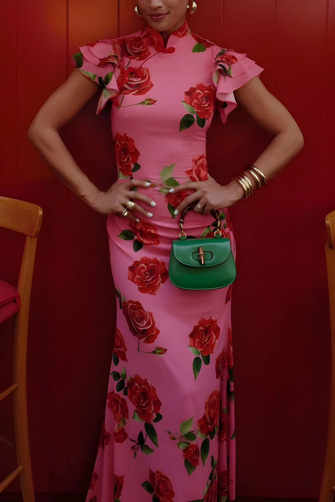 Women's Elegant Floral Maxi Wedding Guest Dress with High Neck