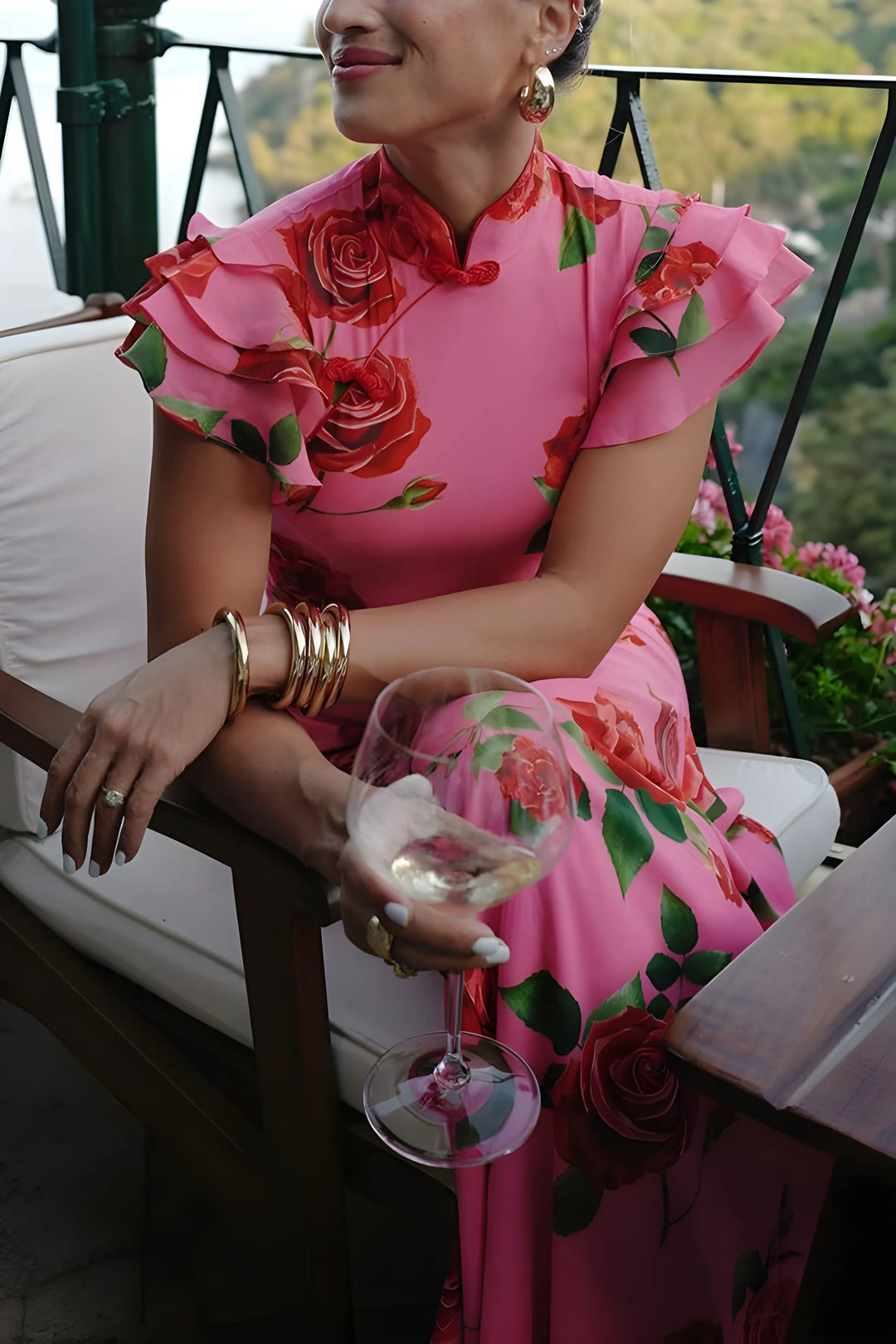 Women's Elegant Floral Maxi Wedding Guest Dress with High Neck
