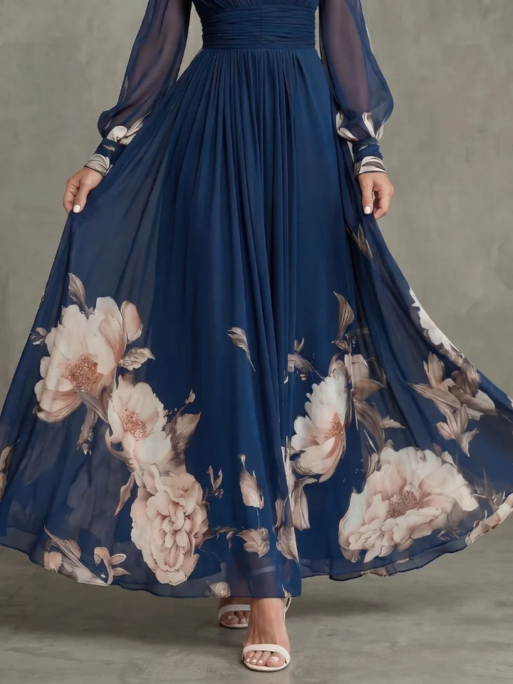 Women's Elegant Floral Maxi Wedding Guest Dress with Puff Sleeve