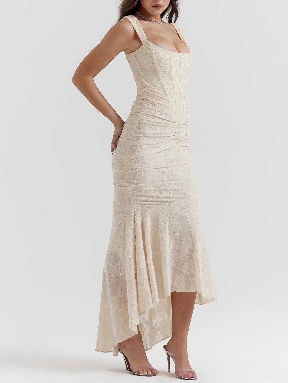 Women's Elegant Floral Maxi Wedding Guest Dress with Ruched Detail
