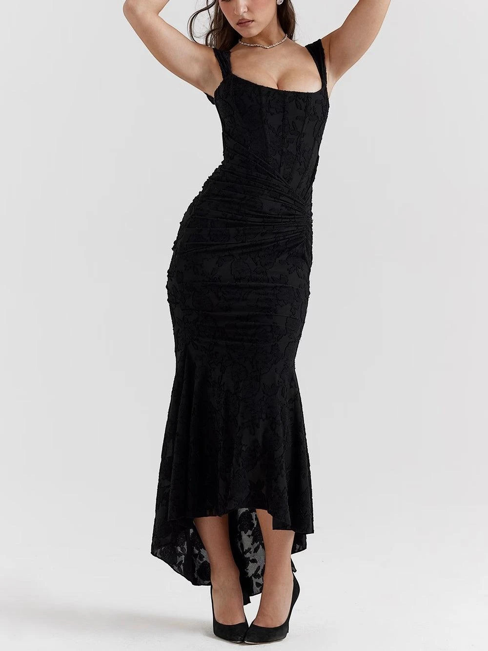 Women's Elegant Floral Maxi Wedding Guest Dress with Ruched Detail