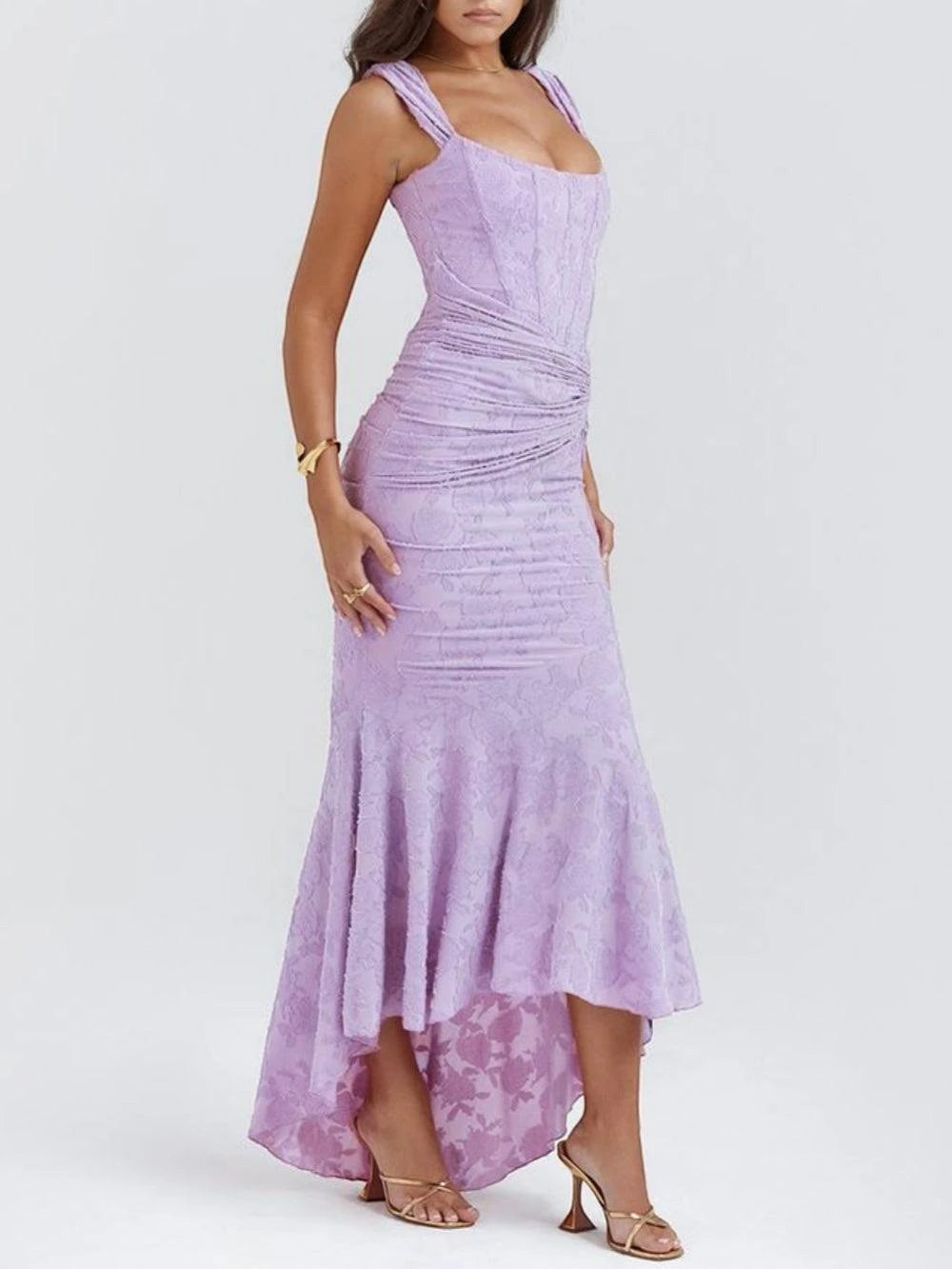 Women's Elegant Floral Maxi Wedding Guest Dress with Ruched Detail