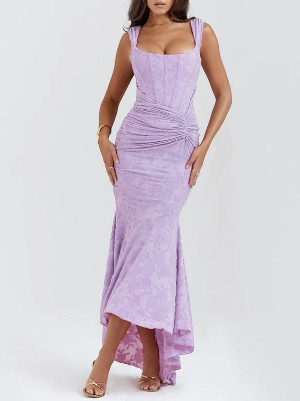 Women's Elegant Floral Maxi Wedding Guest Dress with Ruched Detail