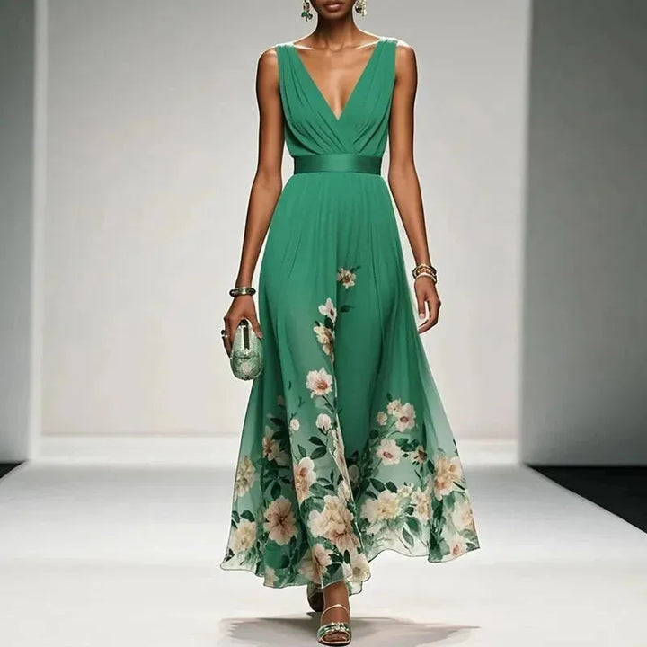 Women's Elegant Floral Maxi Wedding Guest Dress with V-Neck