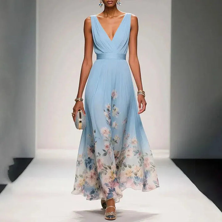 Women's Elegant Floral Maxi Wedding Guest Dress with V-Neck