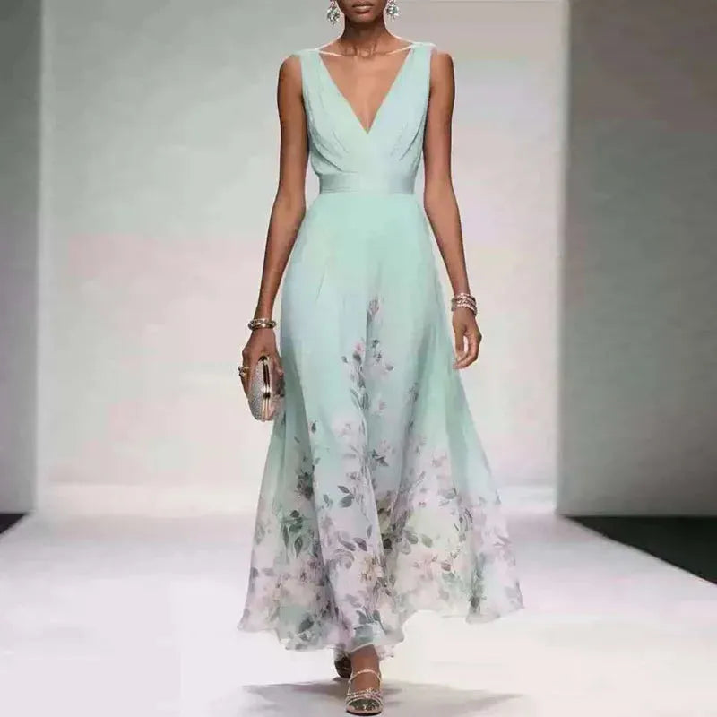 Women's Elegant Floral Maxi Wedding Guest Dress with V-Neck
