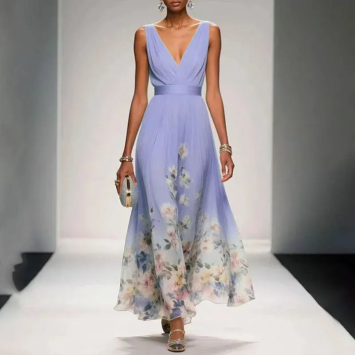 Women's Elegant Floral Maxi Wedding Guest Dress with V-Neck