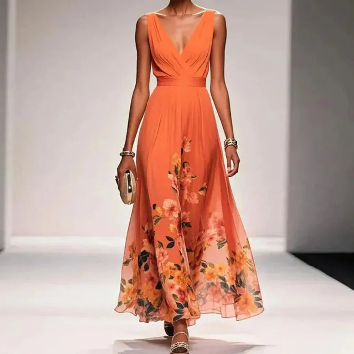 Women's Elegant Floral Maxi Wedding Guest Dress with V-Neck