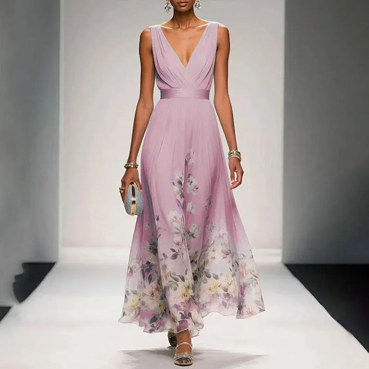 Women's Elegant Floral Maxi Wedding Guest Dress with V-Neck