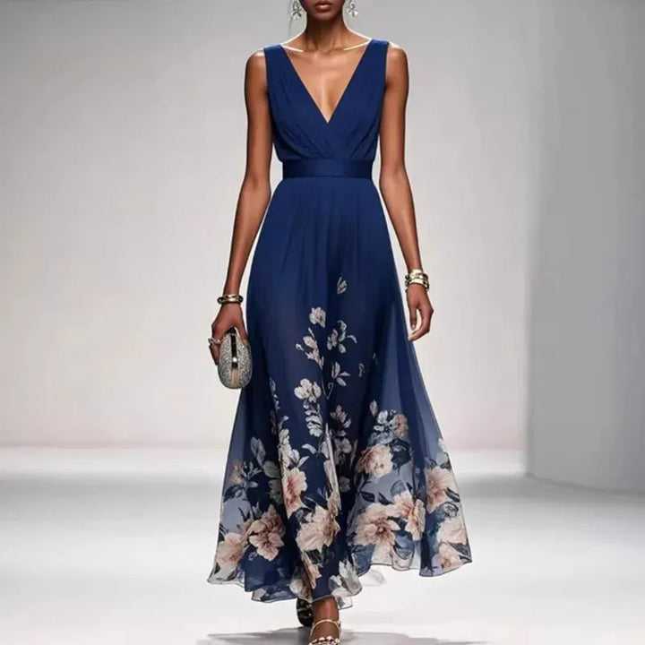 Women's Elegant Floral Maxi Wedding Guest Dress with V-Neck