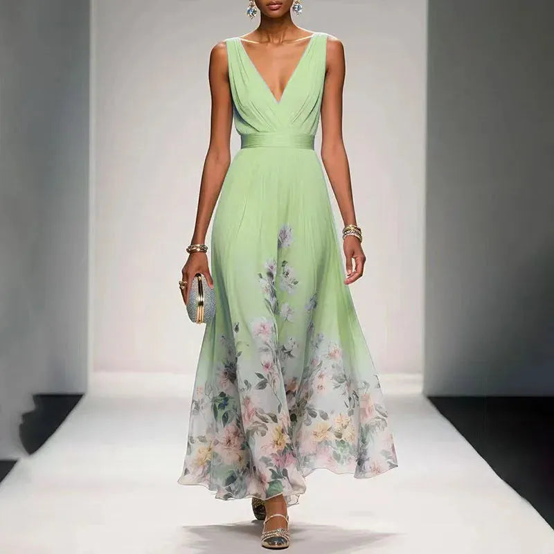 Women's Elegant Floral Maxi Wedding Guest Dress with V-Neck