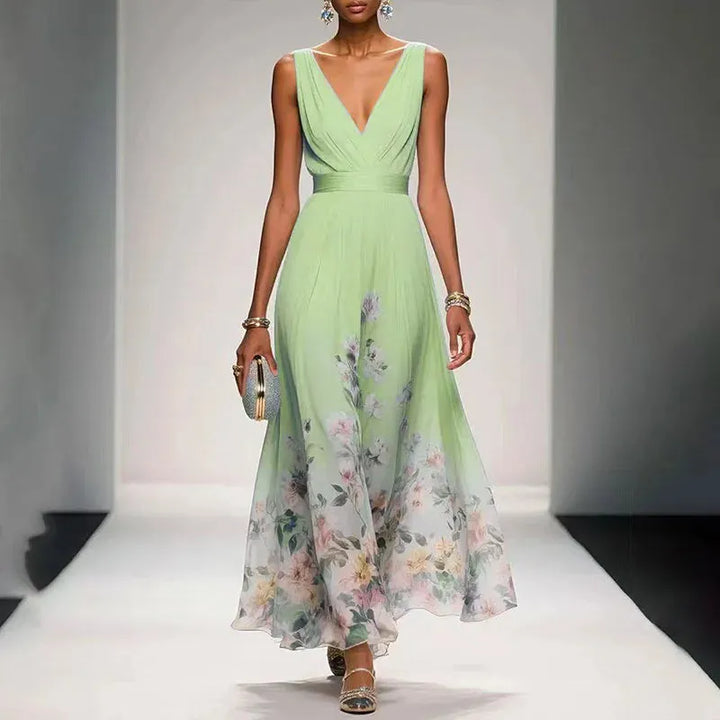 Women's Elegant Floral Maxi Wedding Guest Dress with V-Neck