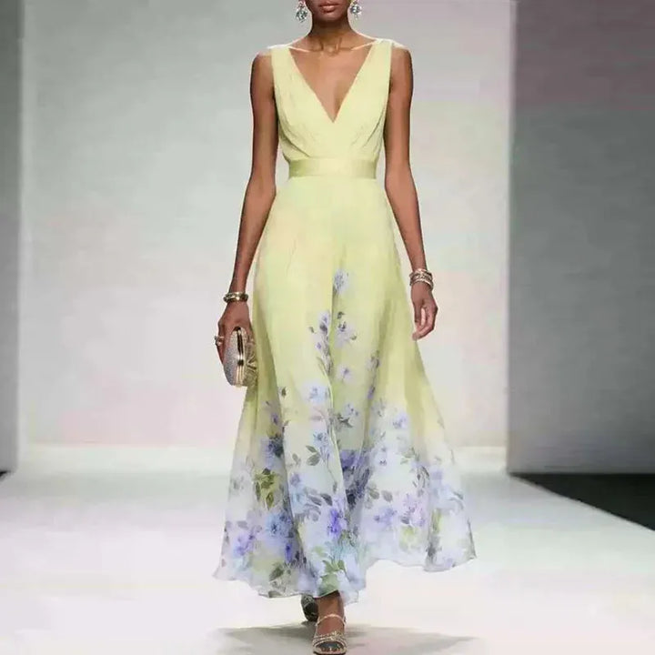 Women's Elegant Floral Maxi Wedding Guest Dress with V-Neck