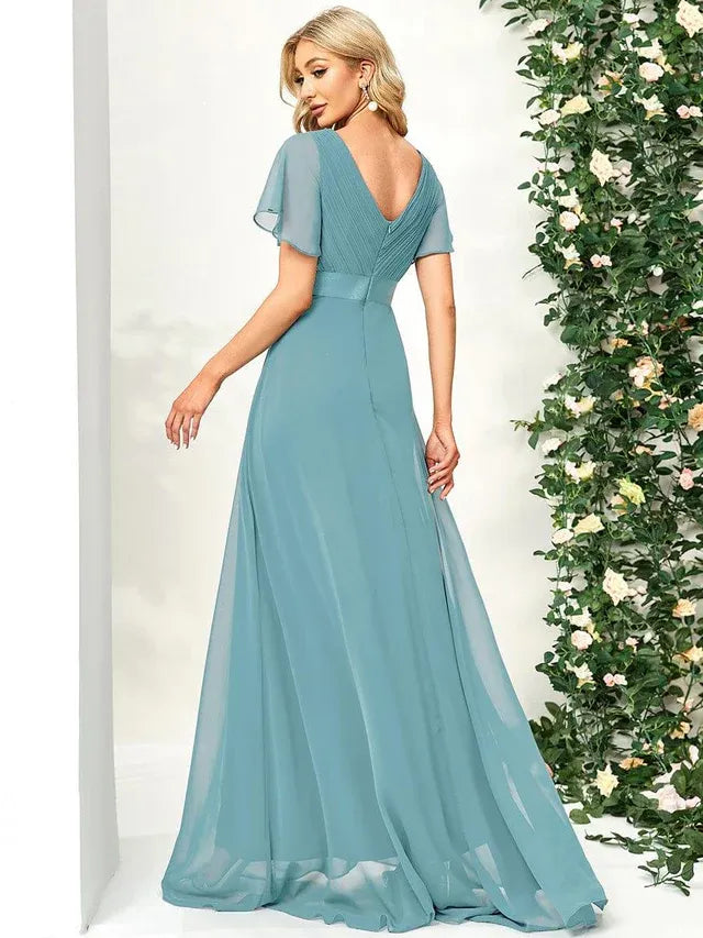 Women's Elegant Flowy Maxi Wedding Guest Dress with Flutter Sleeve