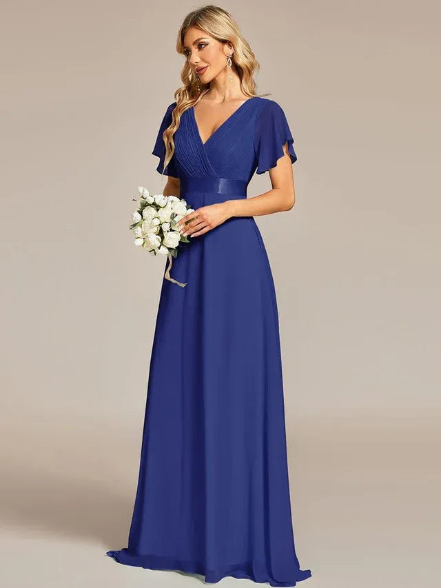Women's Elegant Flowy Maxi Wedding Guest Dress with Flutter Sleeve