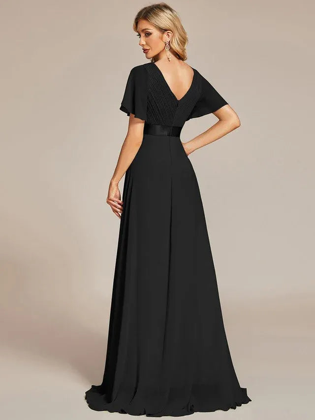 Women's Elegant Flowy Maxi Wedding Guest Dress with Flutter Sleeve