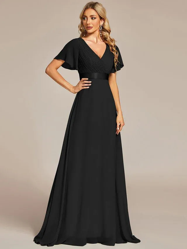 Women's Elegant Flowy Maxi Wedding Guest Dress with Flutter Sleeve