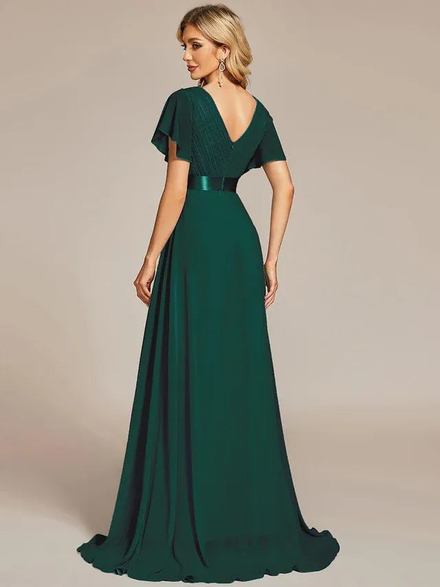 Women's Elegant Flowy Maxi Wedding Guest Dress with Flutter Sleeve