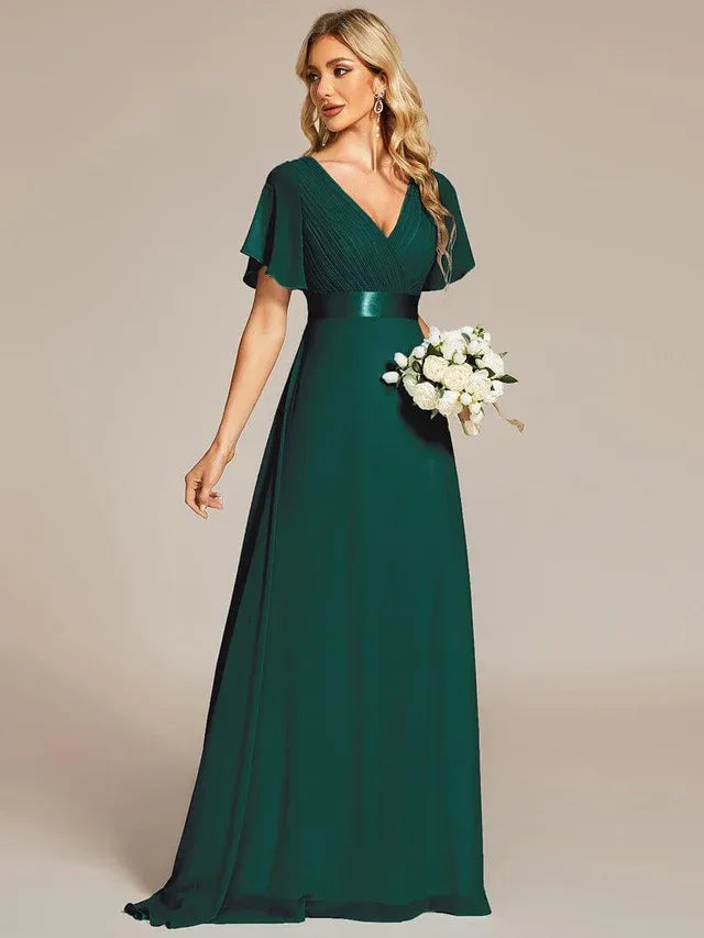 Women's Elegant Flowy Maxi Wedding Guest Dress with Flutter Sleeve