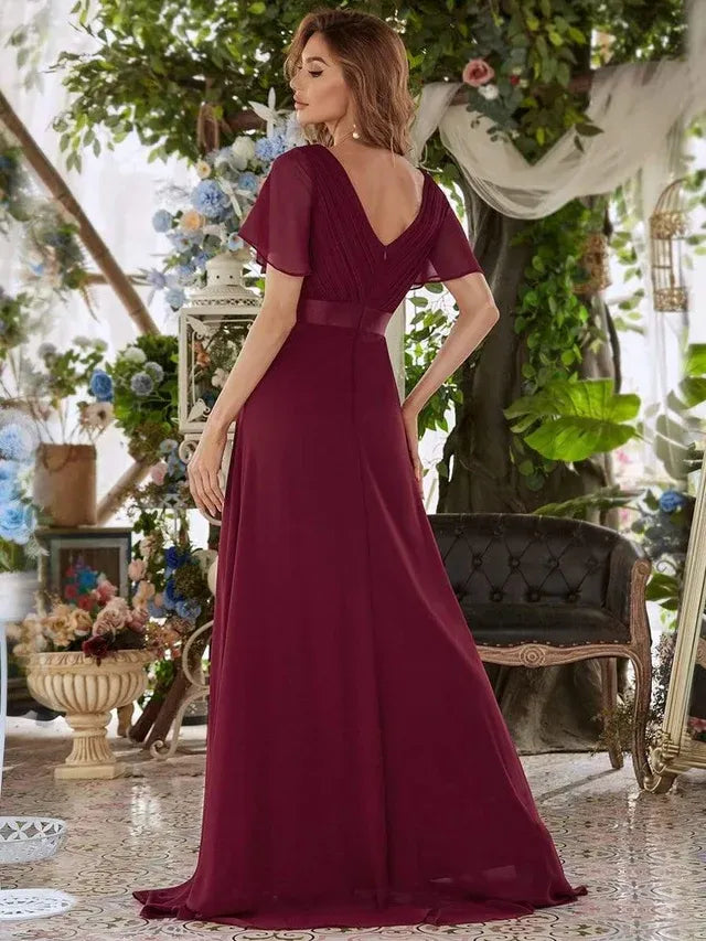 Women's Elegant Flowy Maxi Wedding Guest Dress with Flutter Sleeve