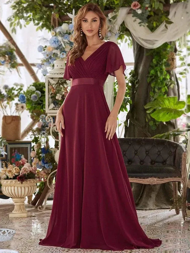 Women's Elegant Flowy Maxi Wedding Guest Dress with Flutter Sleeve